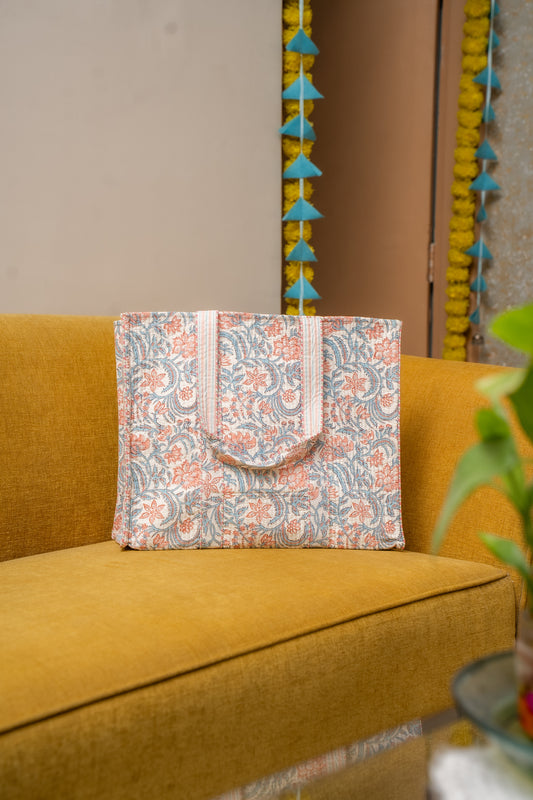 Awdhesh Kumar Floral Paisley Vine Cotton Hand Block Printed Tote Bag for Women