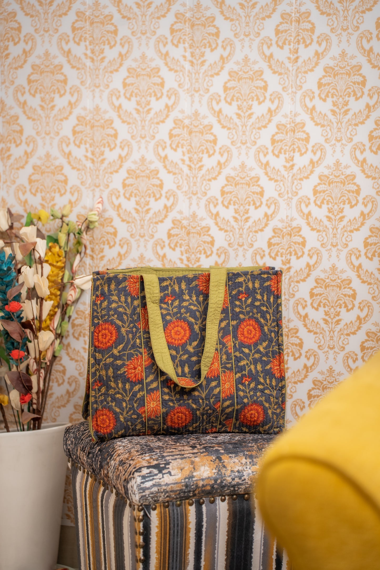 Awdhesh Kumar Chrysanthemum Garden Motif Cotton Hand Block Printed Tote Bag for Women