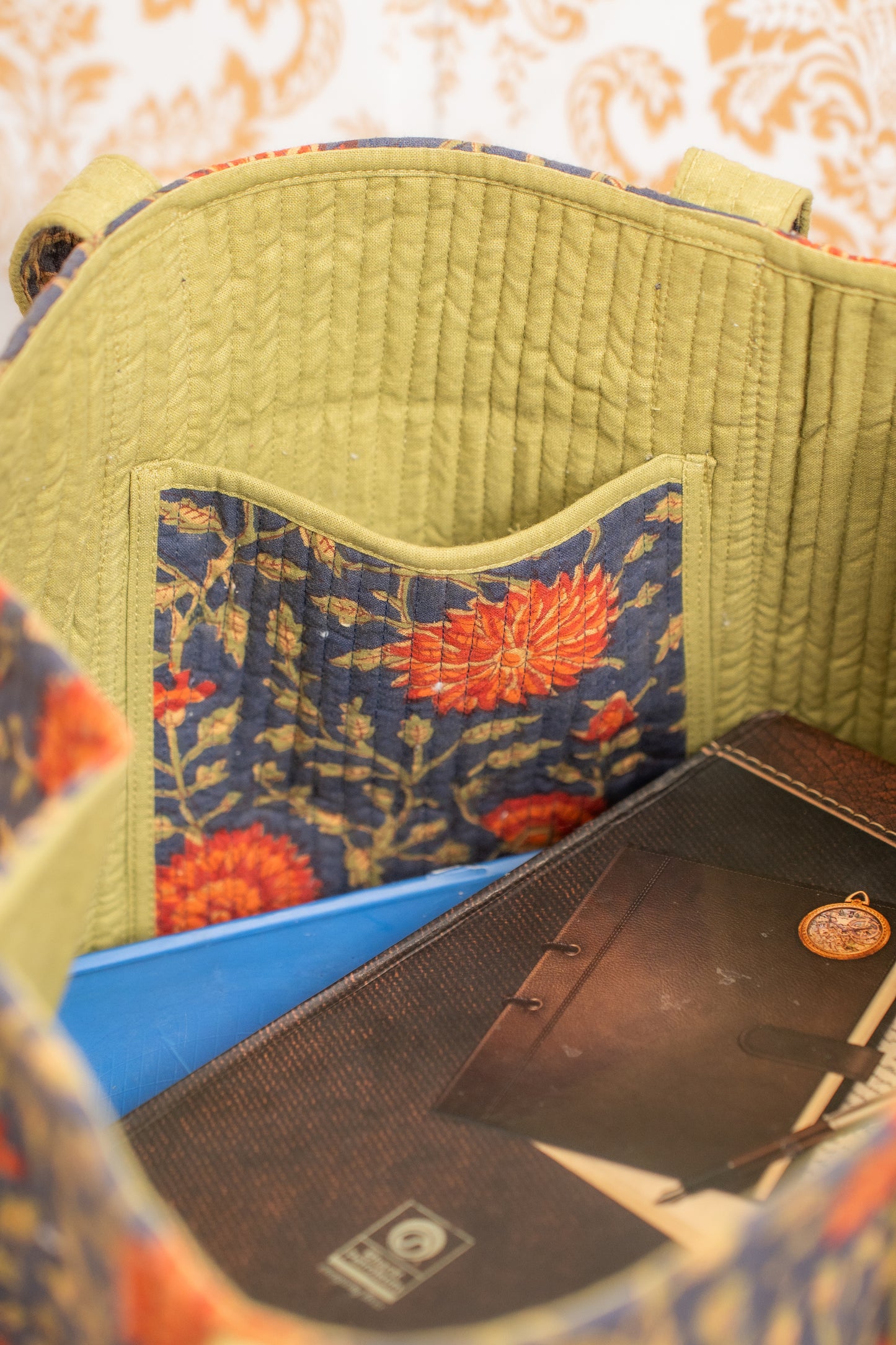 Awdhesh Kumar Chrysanthemum Garden Motif Cotton Hand Block Printed Tote Bag for Women