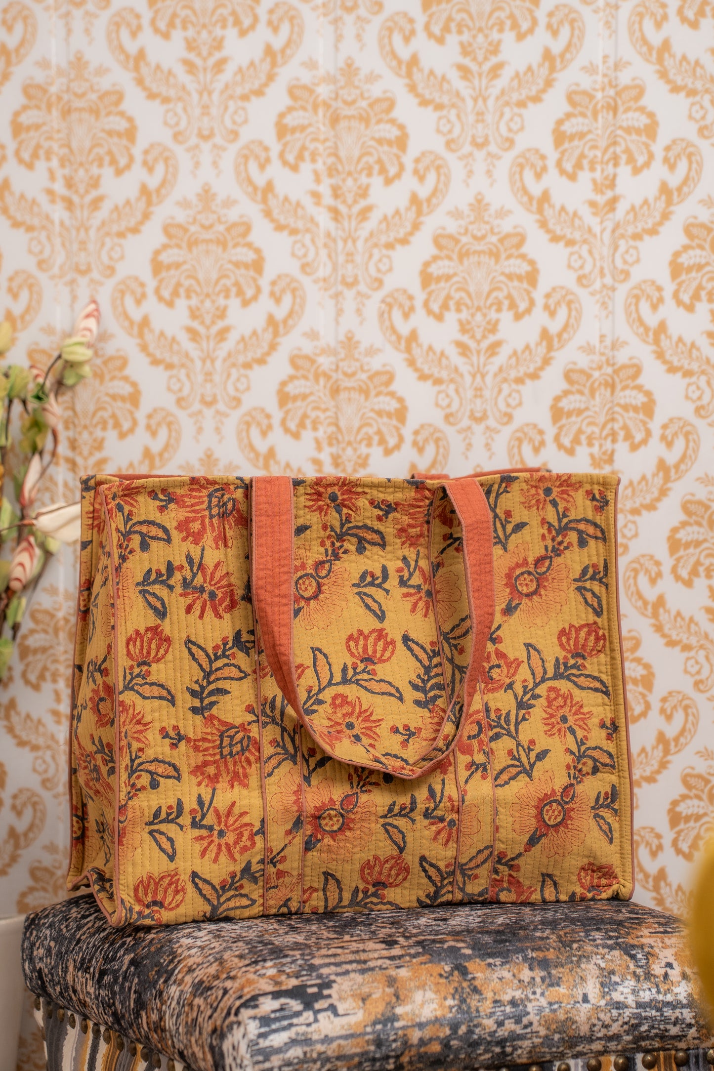 Awdhesh Kumar Rustic Floral Block Cotton Hand Block Printed Tote Bag for Women