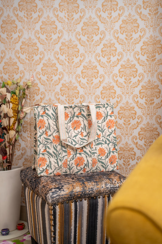 Awdhesh Kumar Vintage Garden Cotton Hand Block Printed Tote Bag for Women