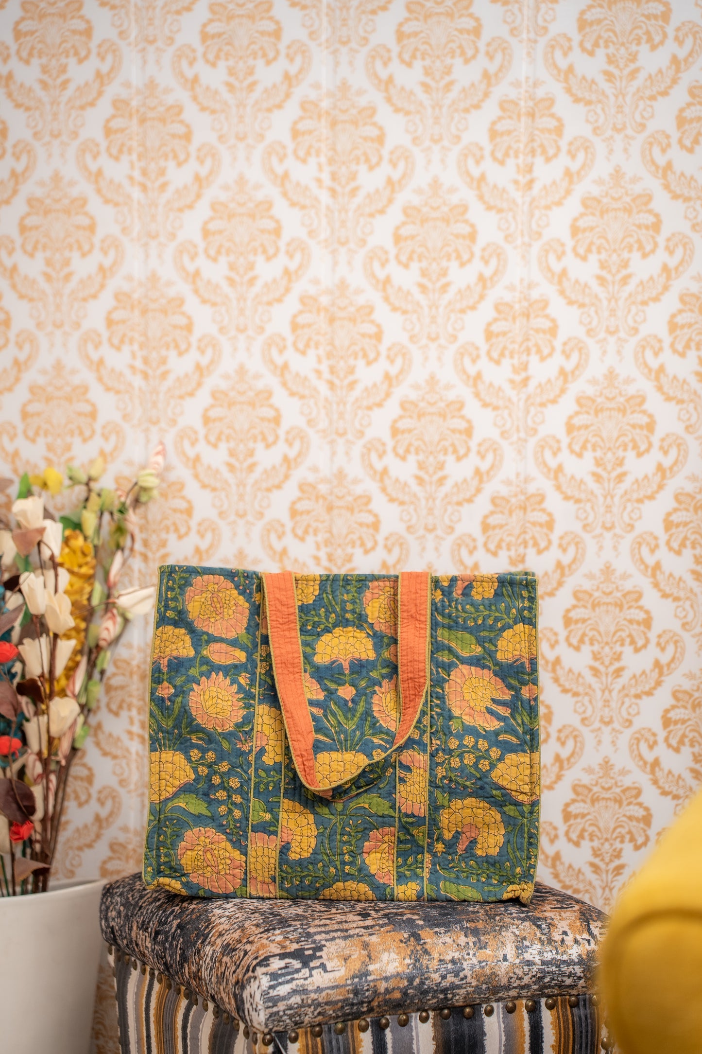 Awdhesh Kumar Mehndi Bloom Bag Cotton Hand Block Printed Tote Bag for Women