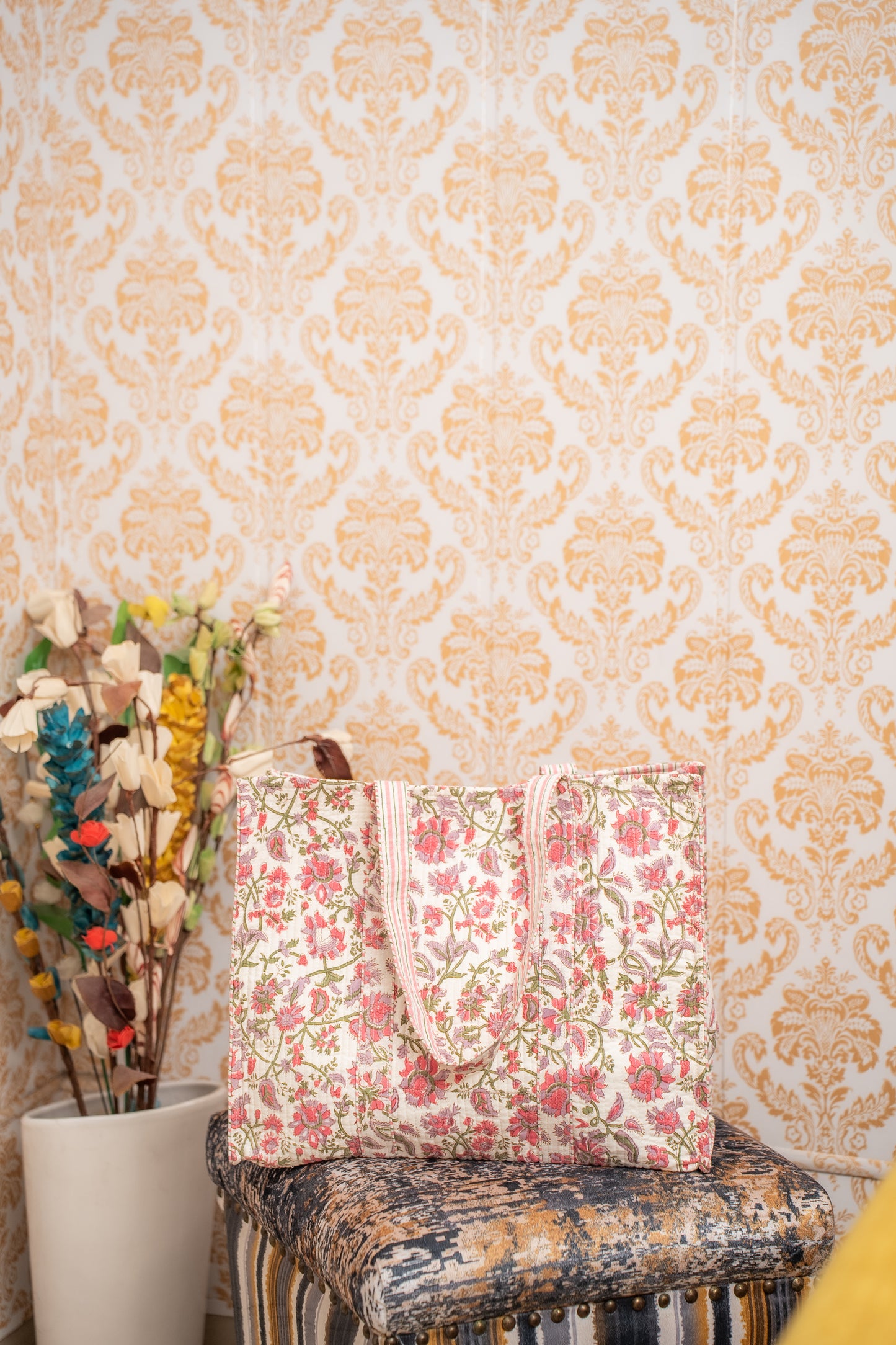 Awdhesh Kumar Blush Bloom Carryall Cotton Hand Block Printed Tote Bag for Women