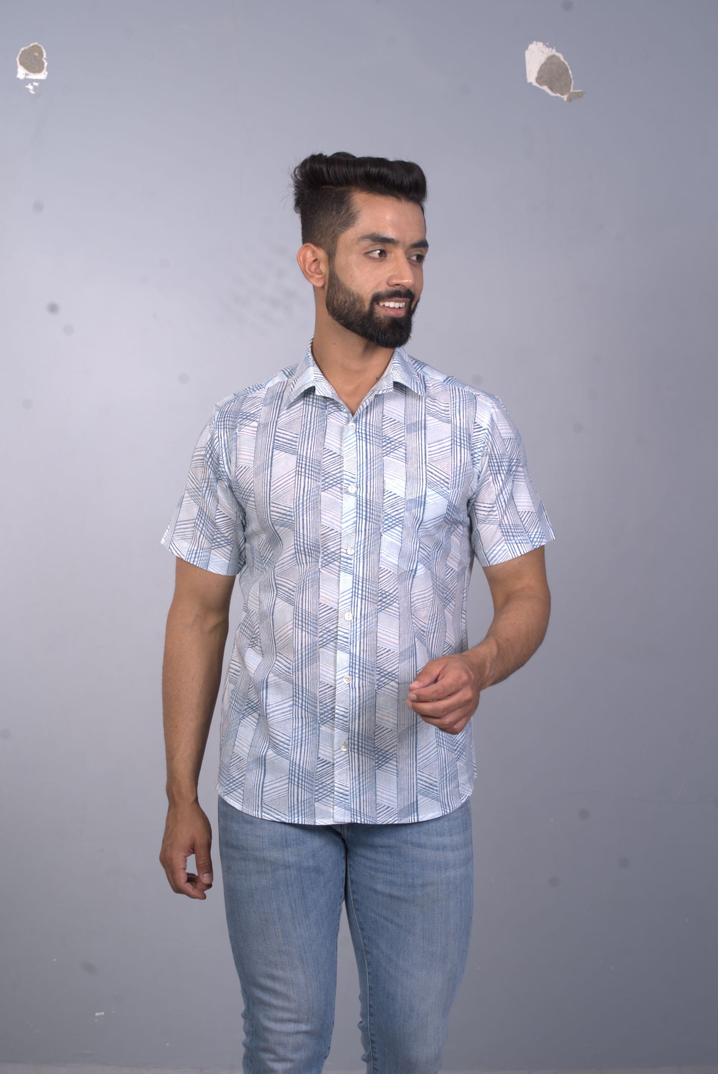half sleeve Indian Hand Block Print Shirt Game of Line Blue Design Shirt 100% Cotton Fabric