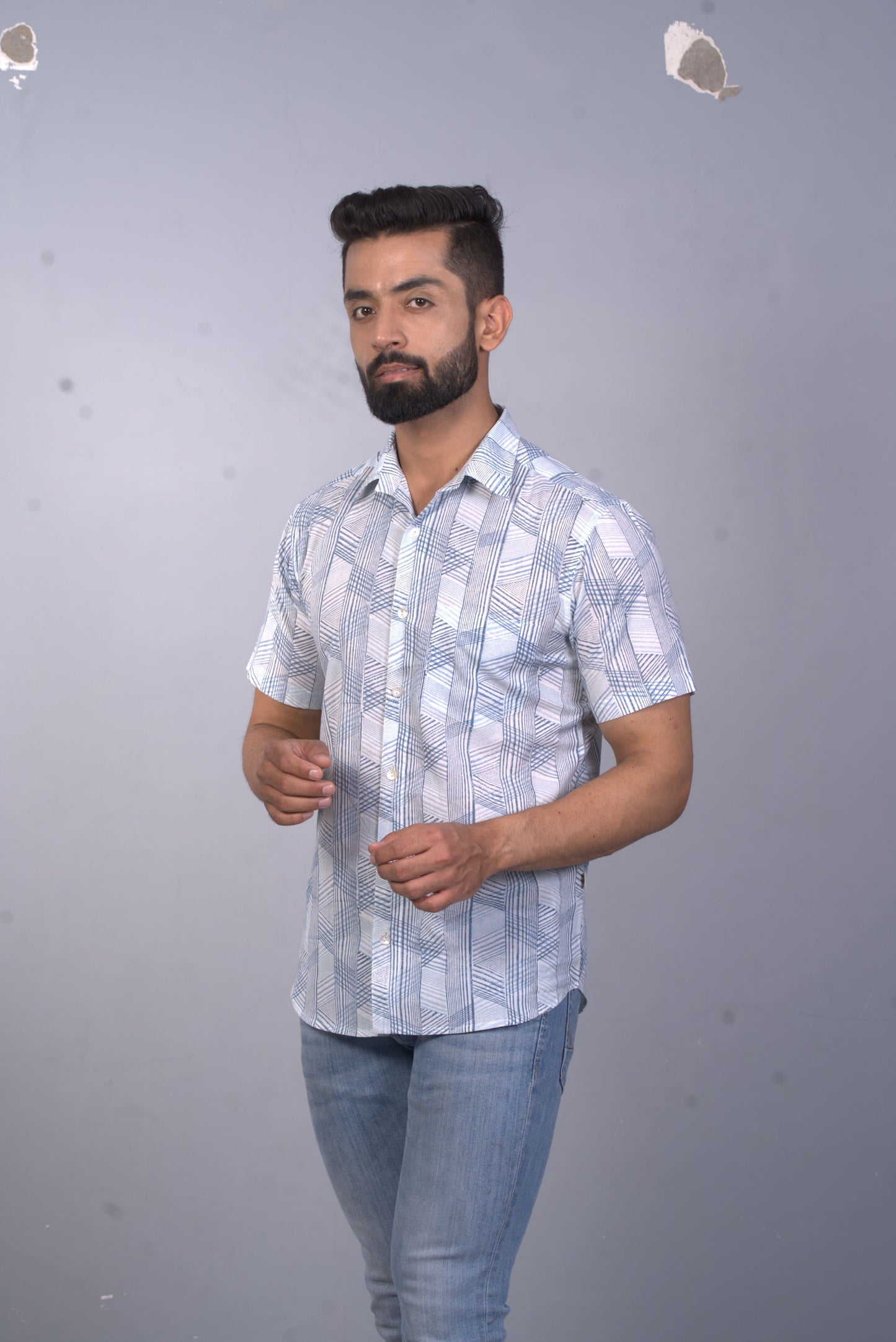 half sleeve Indian Hand Block Print Shirt Game of Line Blue Design Shirt 100% Cotton Fabric