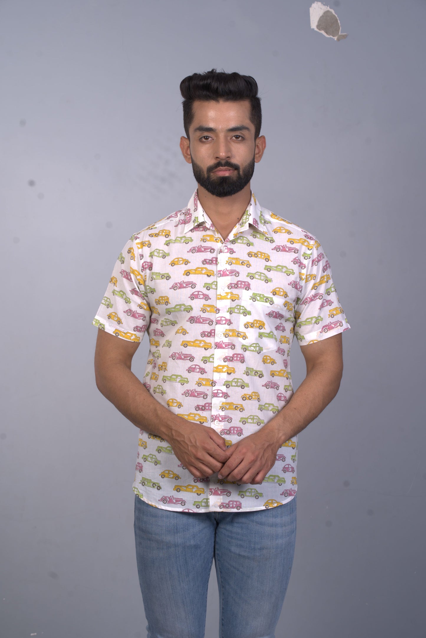 half sleeve Indian Hand Block Print Shirt Vintage Car Design Shirt 100% Cotton Fabric