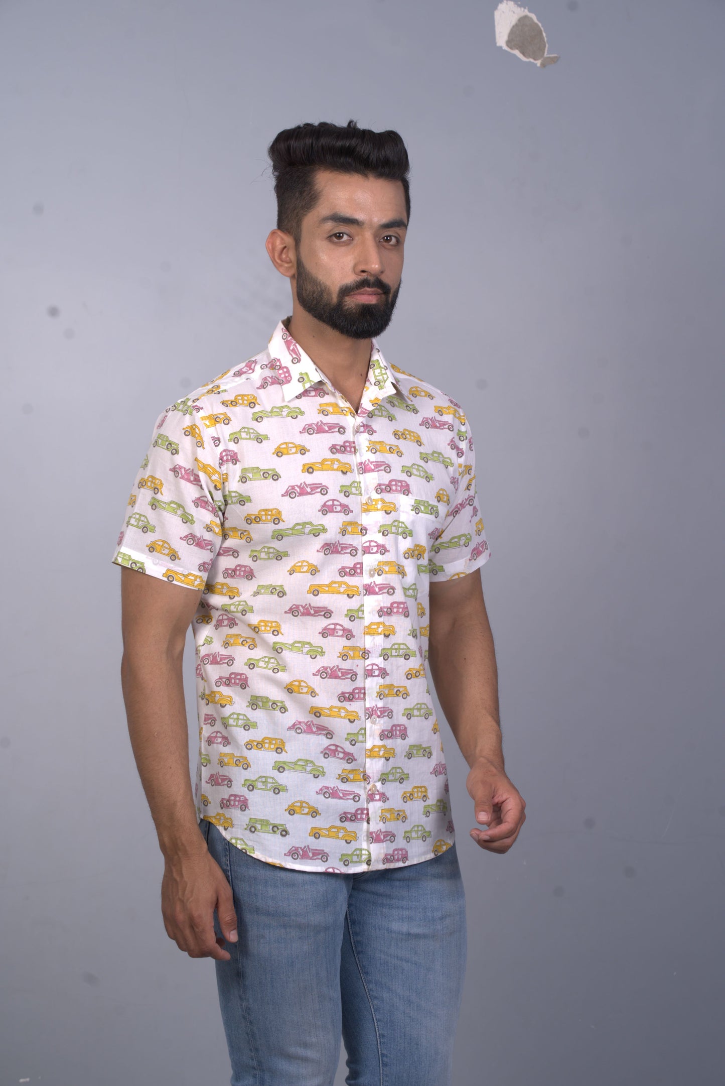 half sleeve Indian Hand Block Print Shirt Vintage Car Design Shirt 100% Cotton Fabric