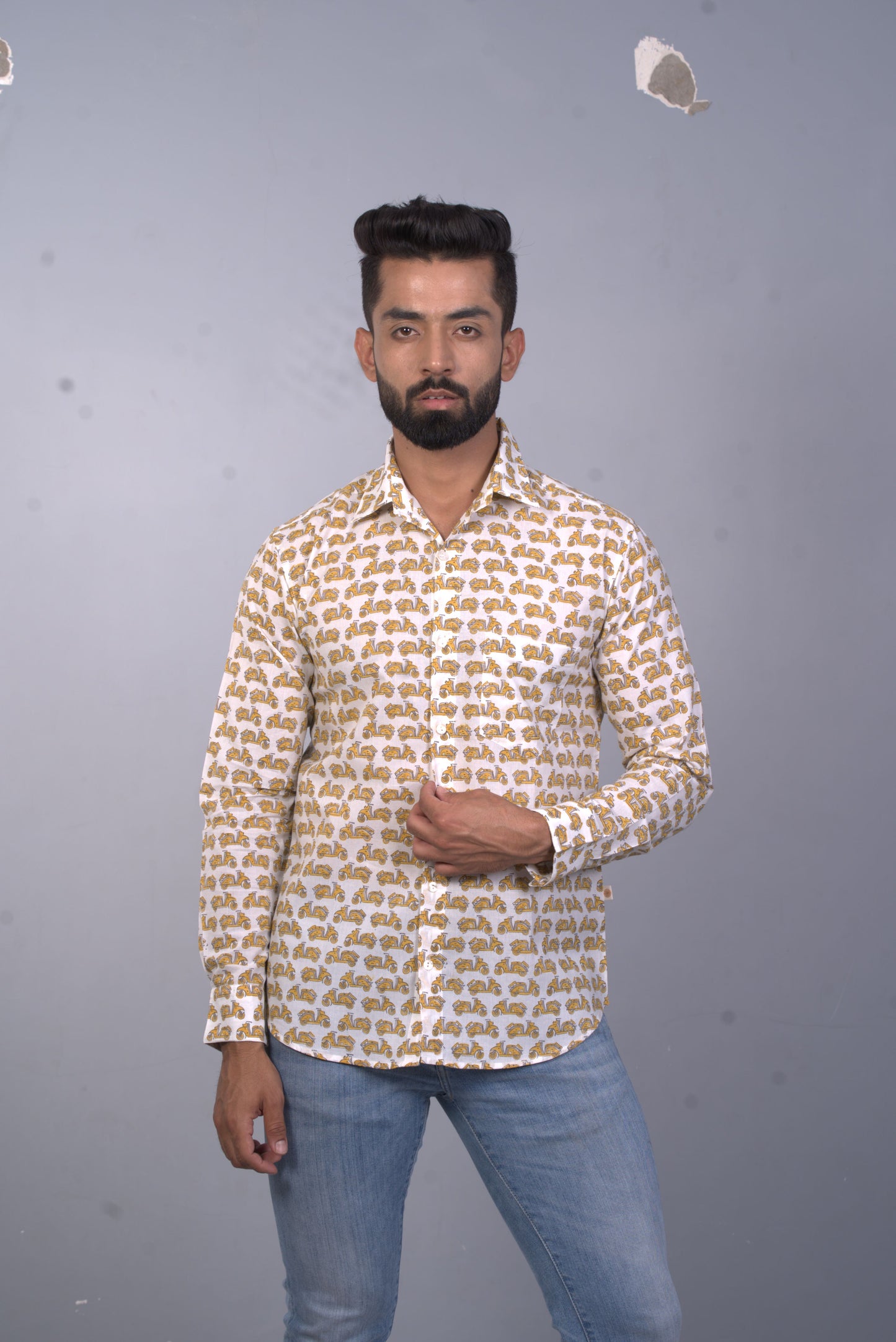 Full Sleeve Indian Hand Block Print Shirt Vespa Scooter Design Shirt 100% Cotton Fabric