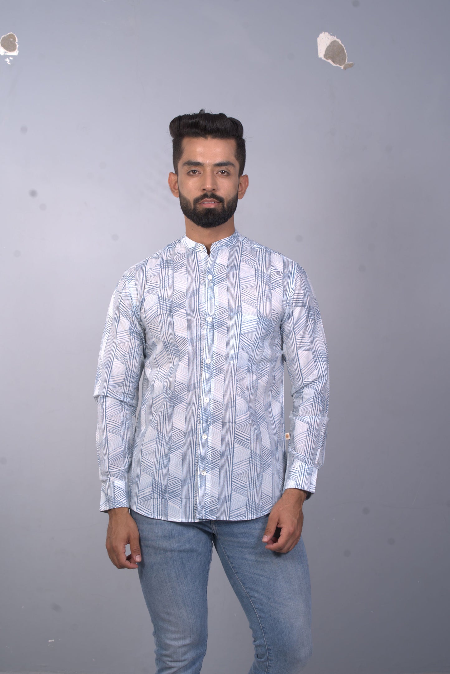 Full Sleeve Indian Hand Block Print Shirt Game of Line Blue Shirt 100% Cotton Fabric