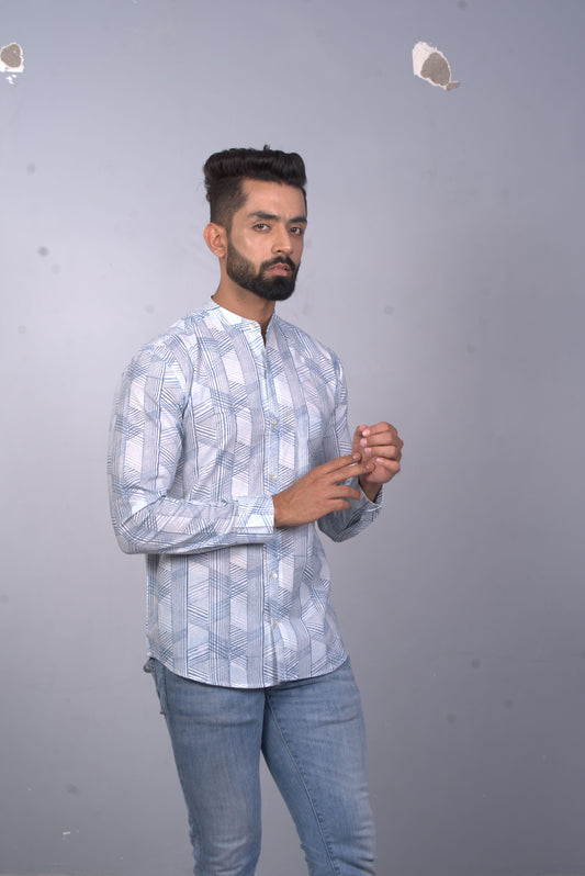 Full Sleeve Indian Hand Block Print Shirt Game of Line Blue Shirt 100% Cotton Fabric