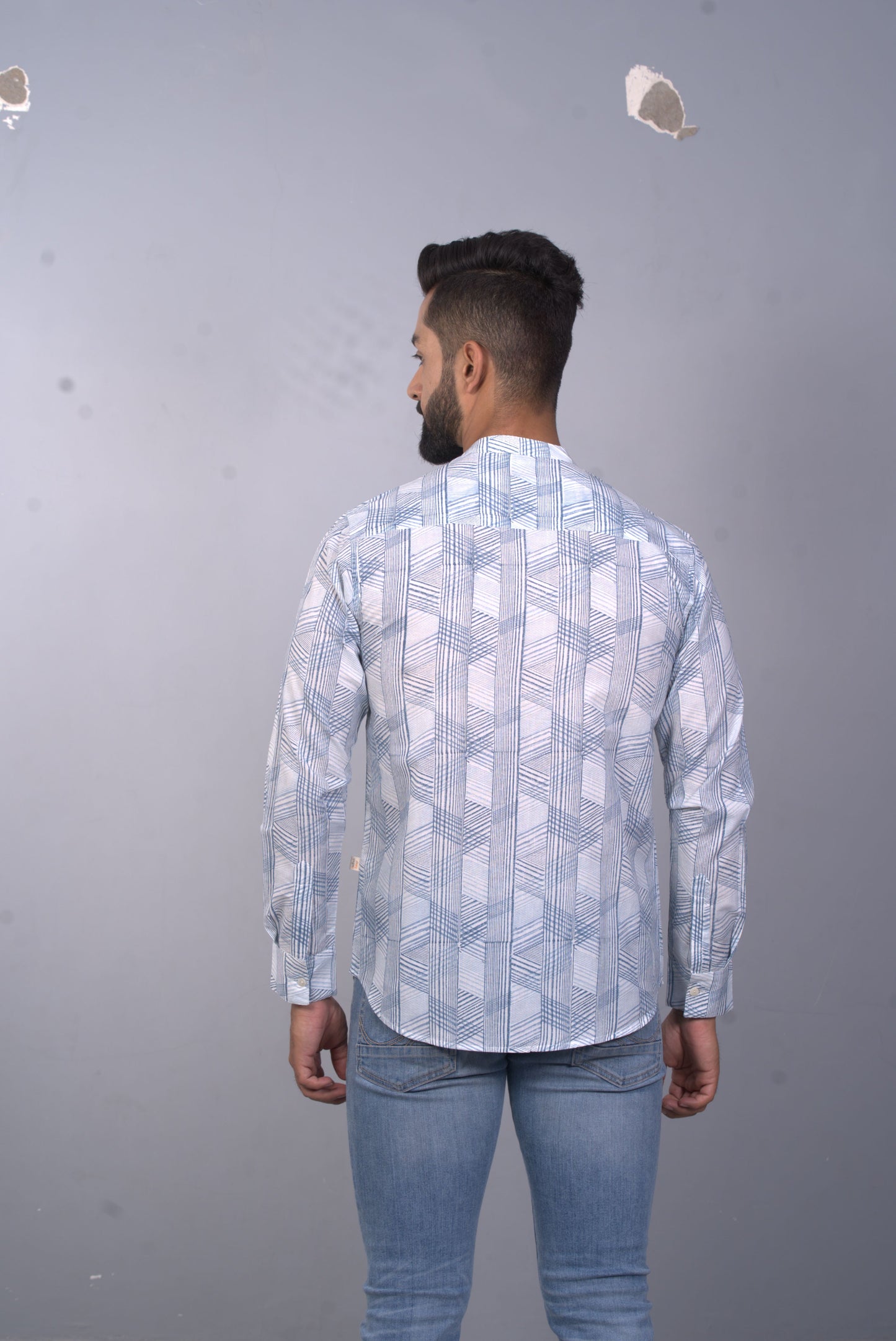 Full Sleeve Indian Hand Block Print Shirt Game of Line Blue Shirt 100% Cotton Fabric