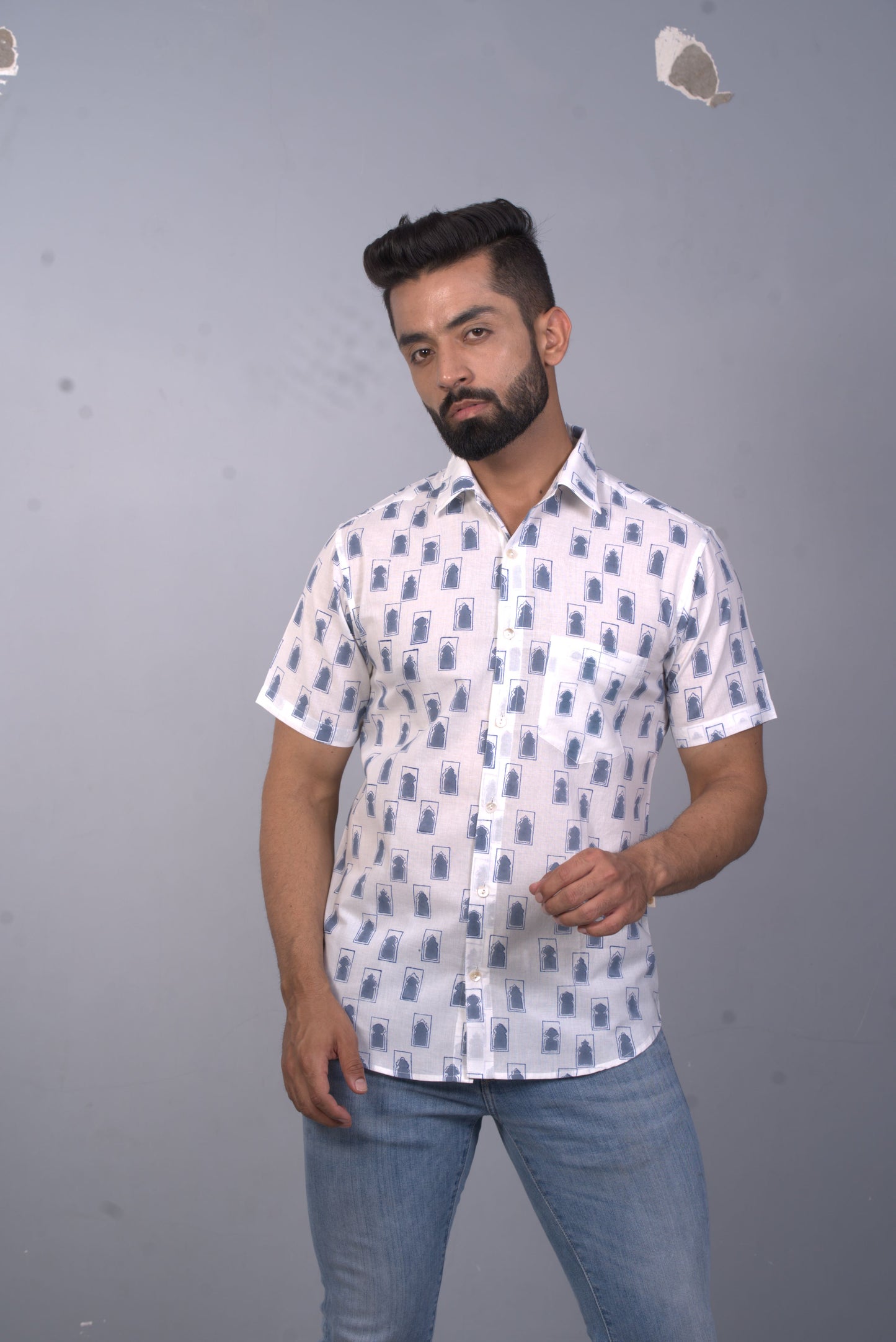 half sleeve Indian Hand Block Print Shirt Jaipur Jarokha Blue Design Shirt 100% Cotton Fabric