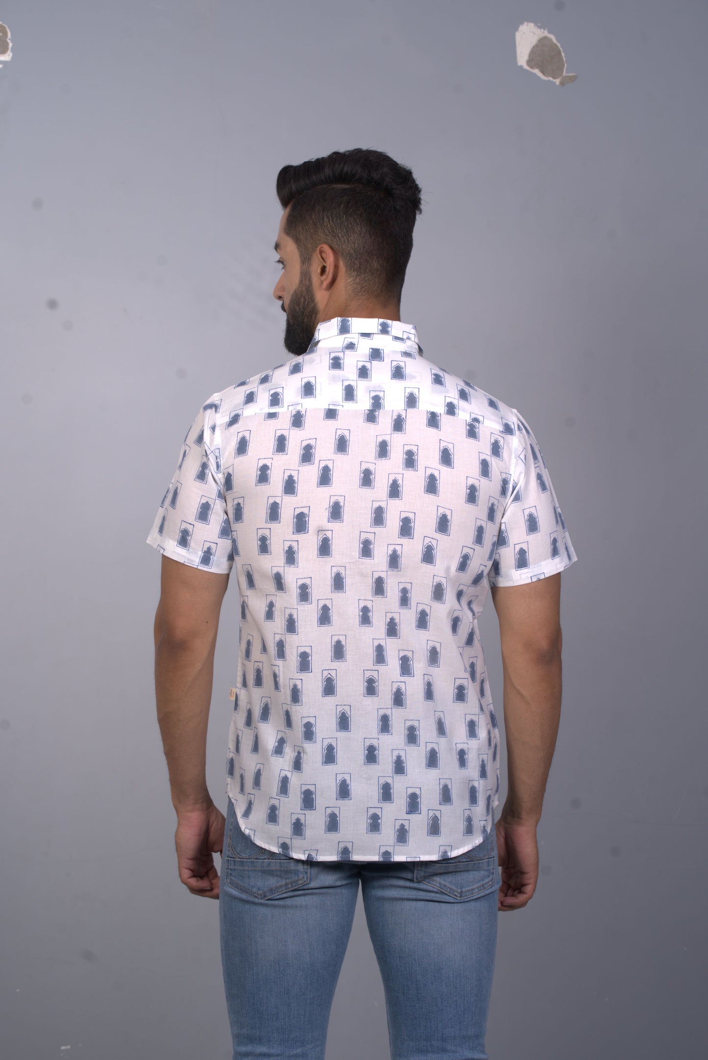 half sleeve Indian Hand Block Print Shirt Jaipur Jarokha Blue Design Shirt 100% Cotton Fabric