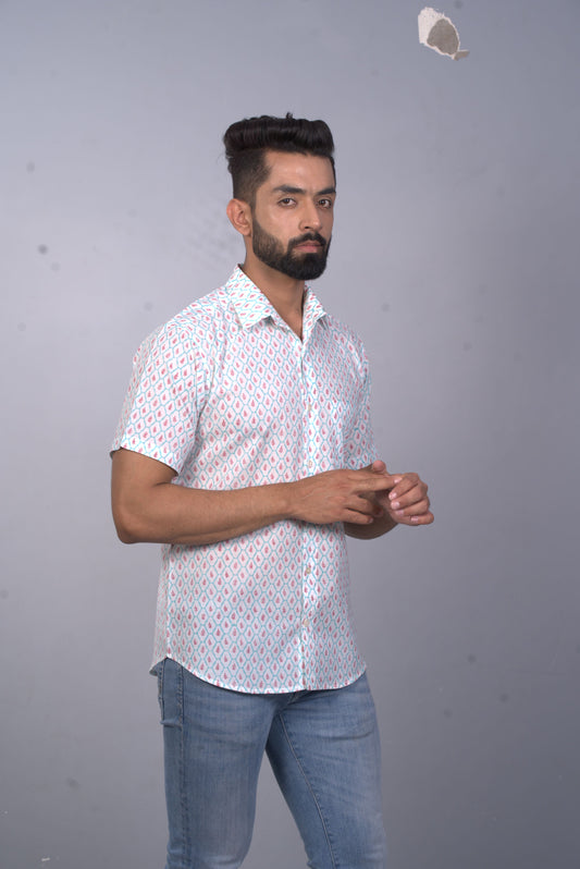 half sleeve Indian Hand Block Print Shirt Buti Grid Design Shirt 100% Cotton Fabric
