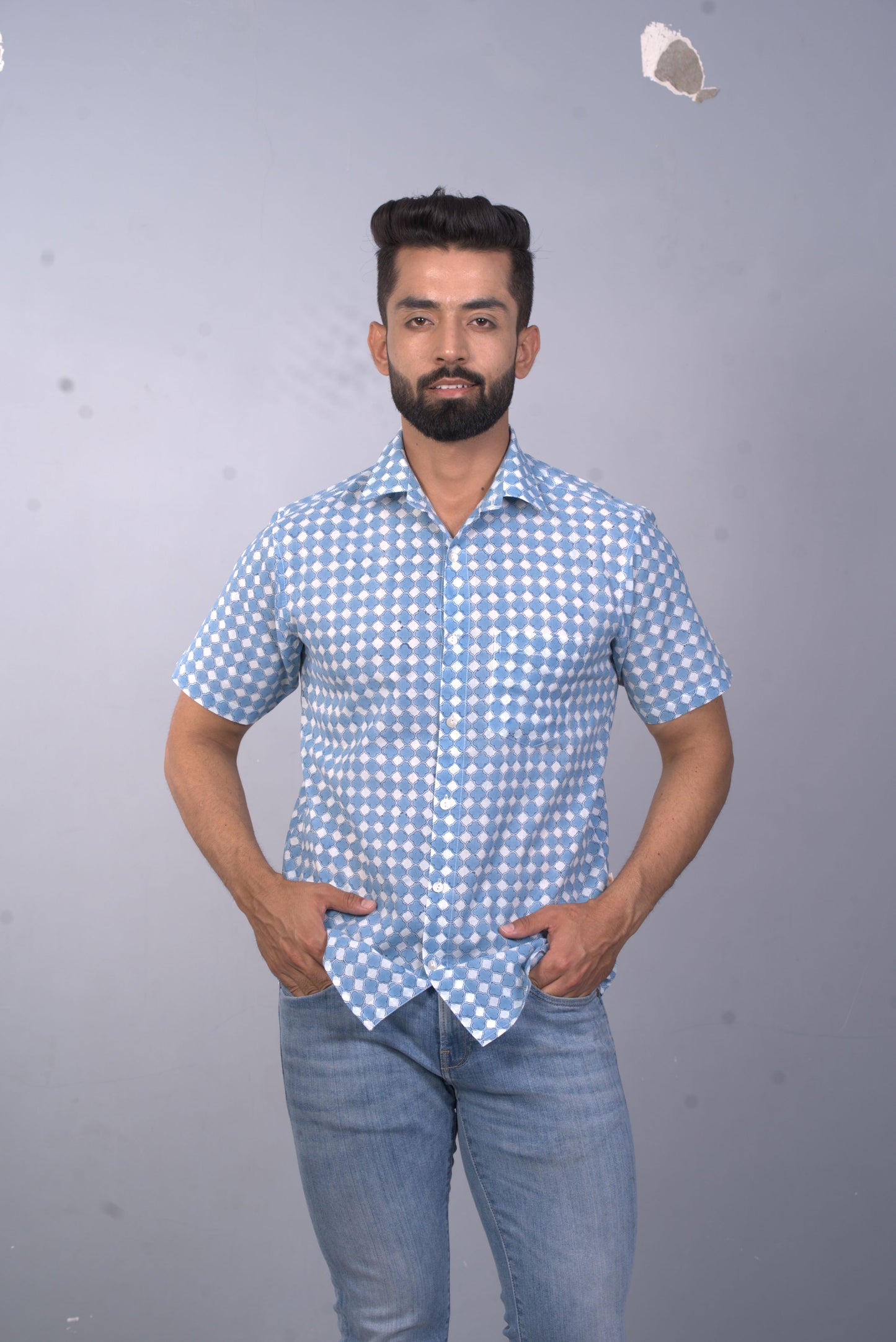 half sleeve Indian Hand Block Print Shirt Gud Jail Cornflower Blue Design Shirt 100% Cotton Fabric