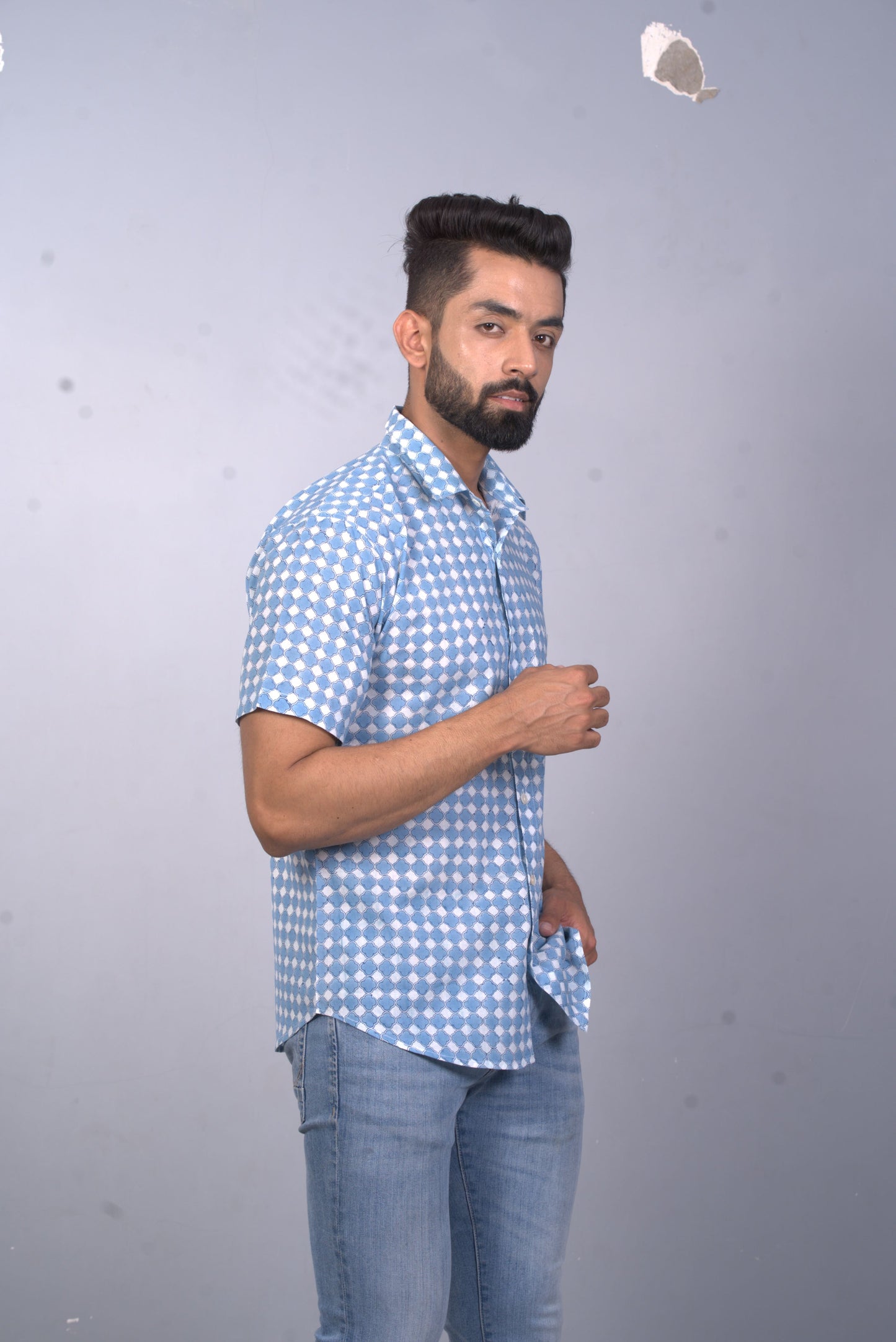 half sleeve Indian Hand Block Print Shirt Gud Jail Cornflower Blue Design Shirt 100% Cotton Fabric