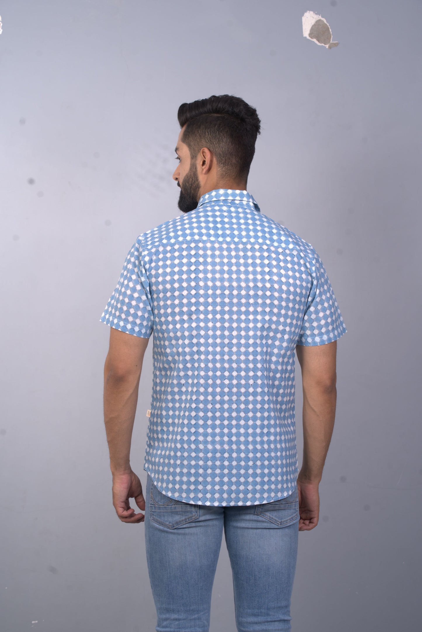 half sleeve Indian Hand Block Print Shirt Gud Jail Cornflower Blue Design Shirt 100% Cotton Fabric