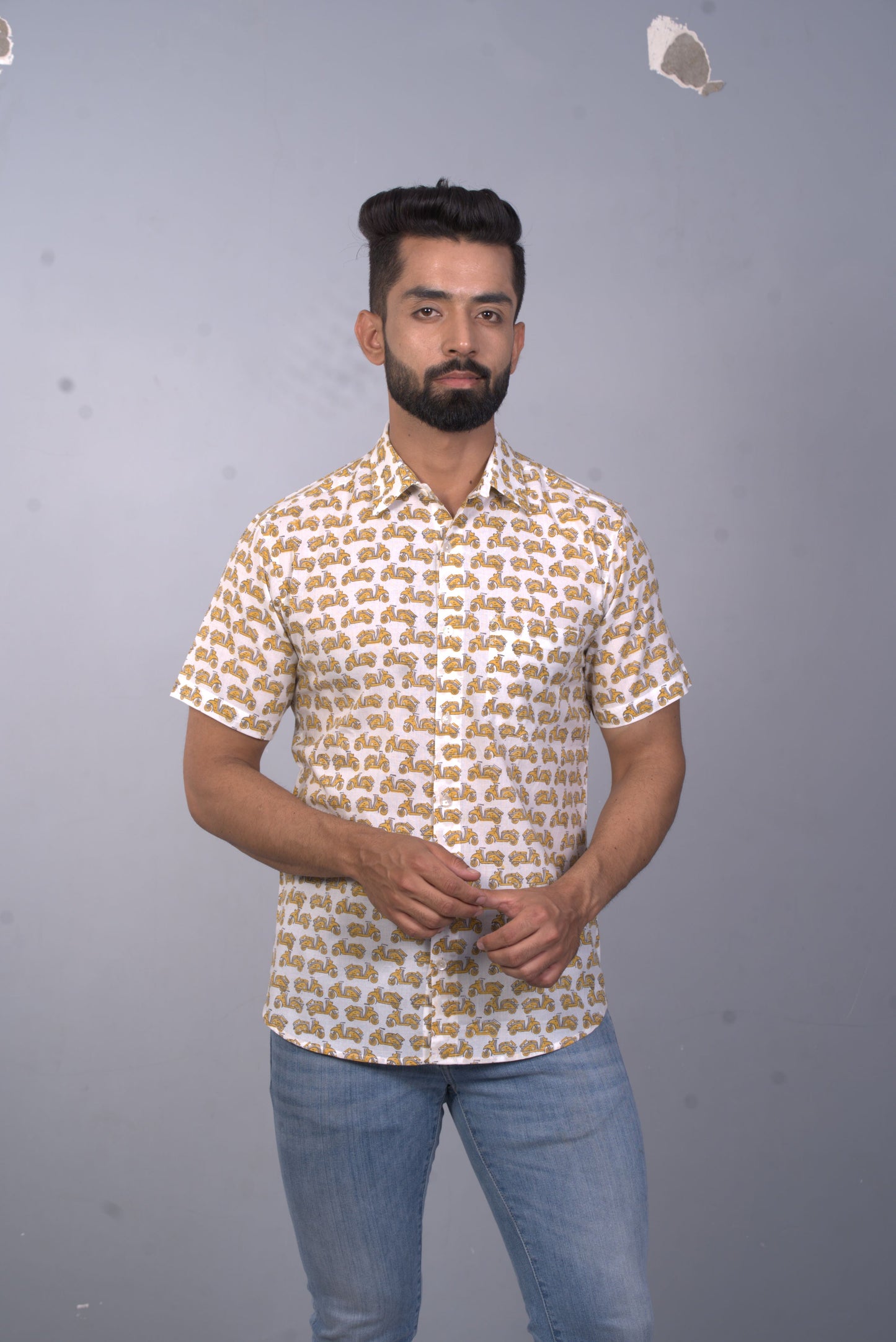half sleeve Indian Hand Block Print Shirt Scooter Vespa Yellow Design Design Shirt 100% Cotton Fabric