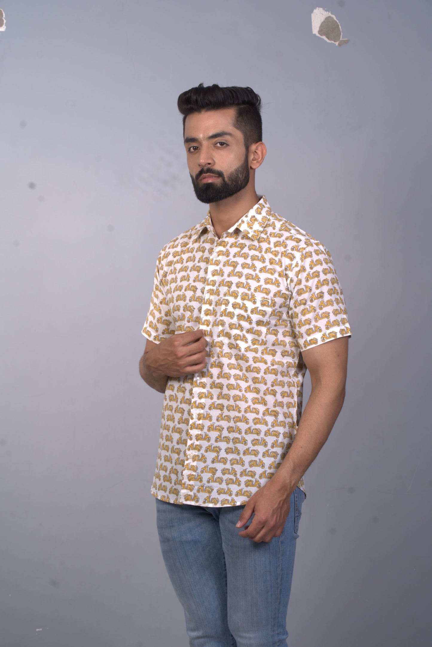 half sleeve Indian Hand Block Print Shirt Scooter Vespa Yellow Design Design Shirt 100% Cotton Fabric