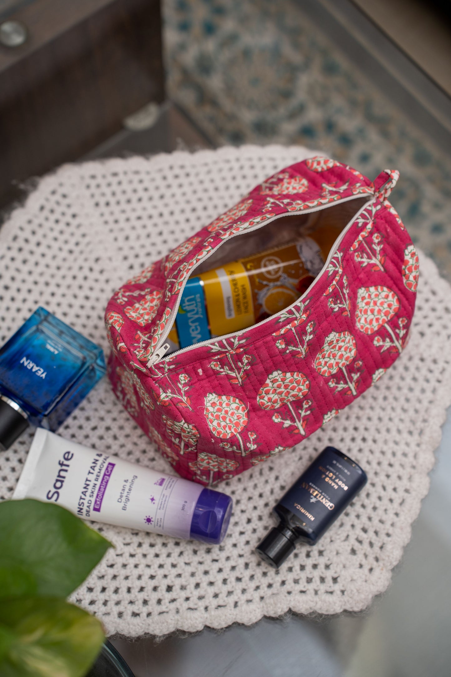 Awdhesh Kumar Vintage Rose Cotton Hand Block Printed Toiletry Bags for Women