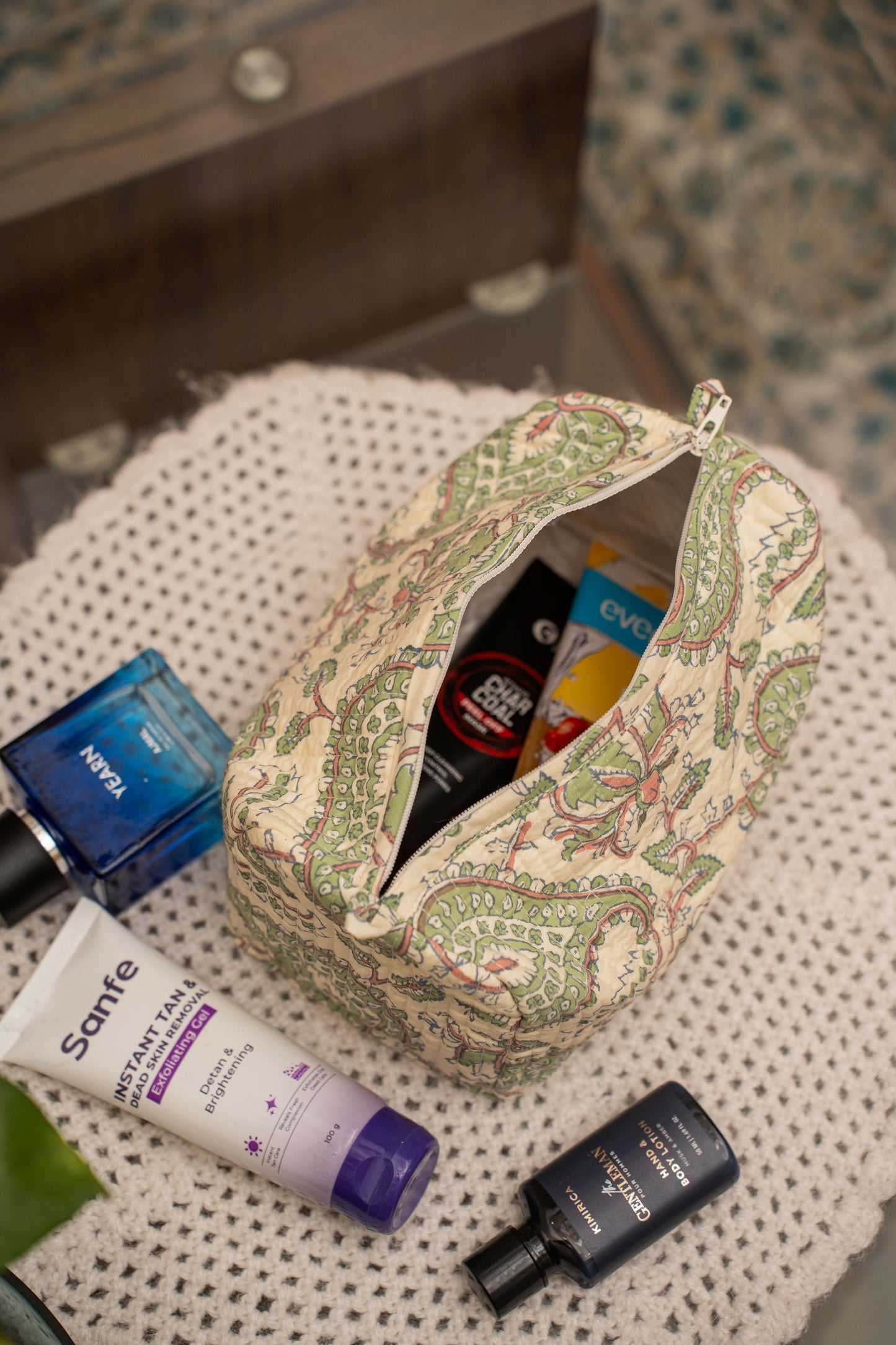 Awdhesh Kumar Vintage Leaf Cotton Hand Block Printed Toiletry Bags for Women