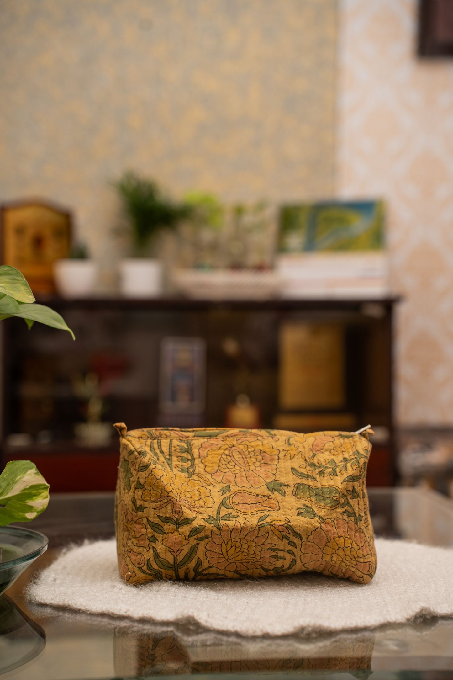 Awdhesh Kumar Saffron Garden Cotton Hand Block Printed Toiletry Bags for Women