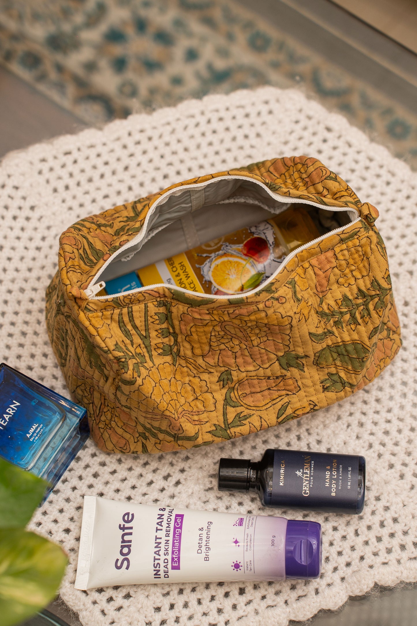 Awdhesh Kumar Saffron Garden Cotton Hand Block Printed Toiletry Bags for Women