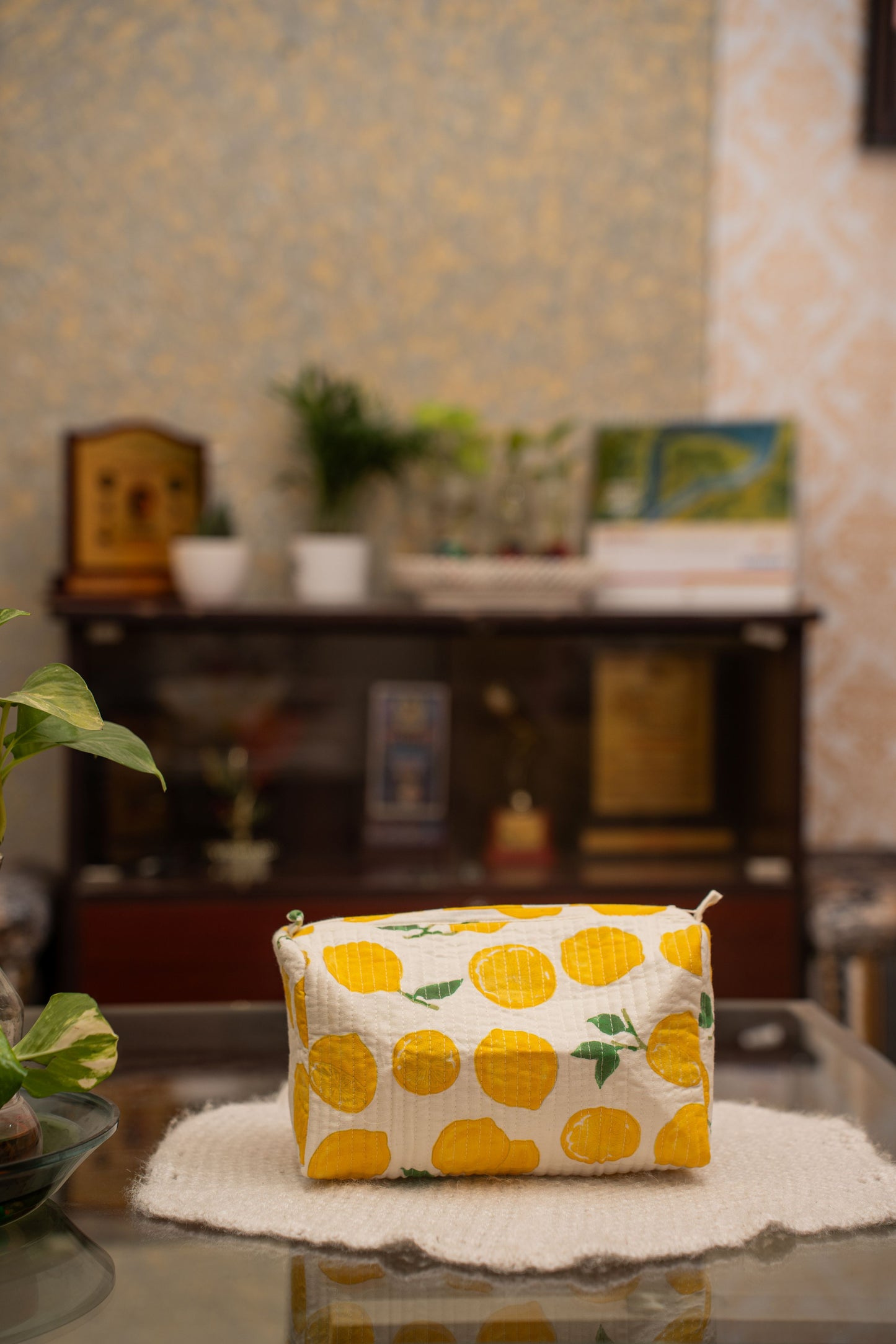Awdhesh Kumar Lemon Drop Crush Cotton Hand Block Printed Toiletry Bags for Women