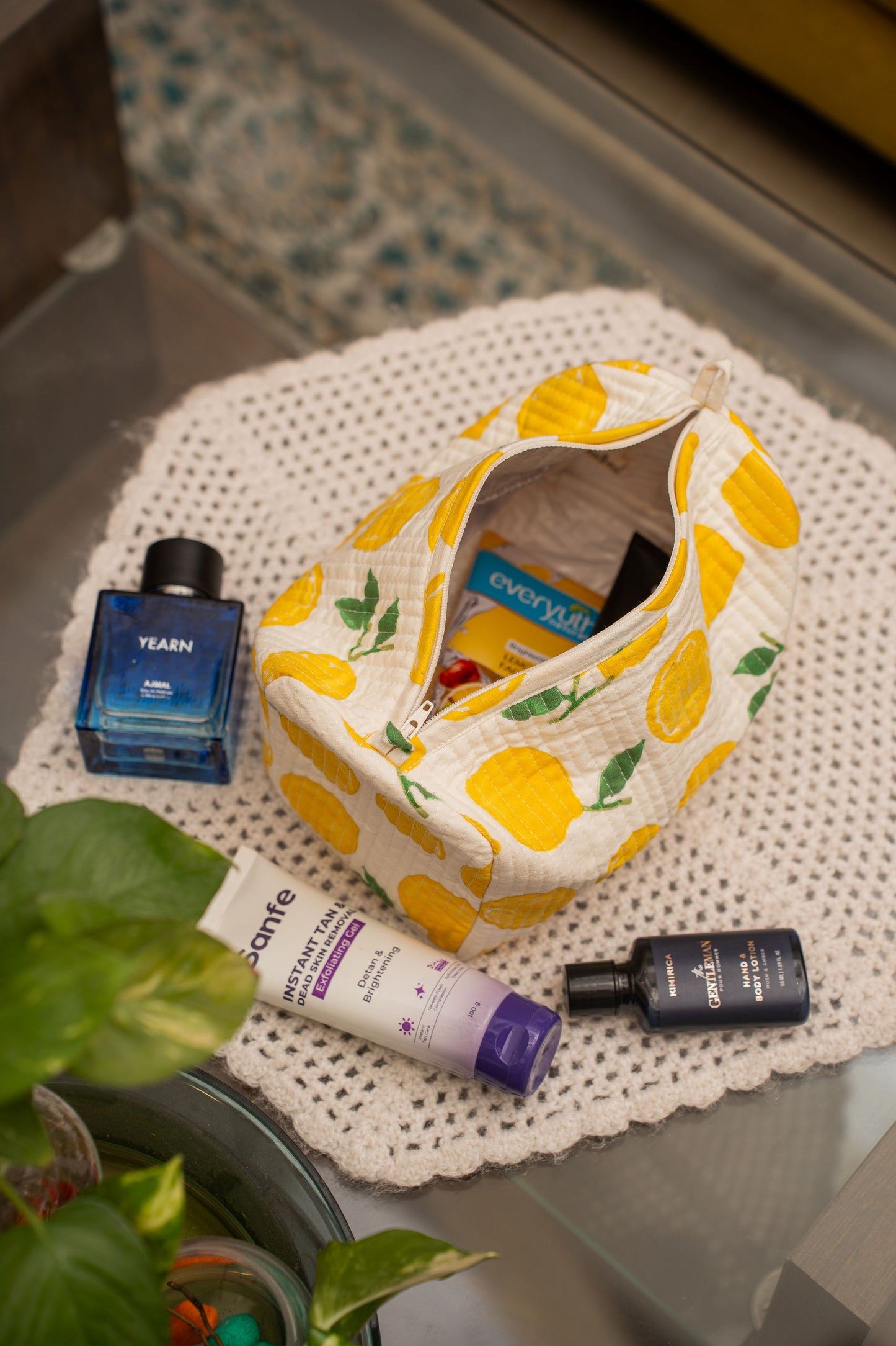 Awdhesh Kumar Lemon Drop Crush Cotton Hand Block Printed Toiletry Bags for Women