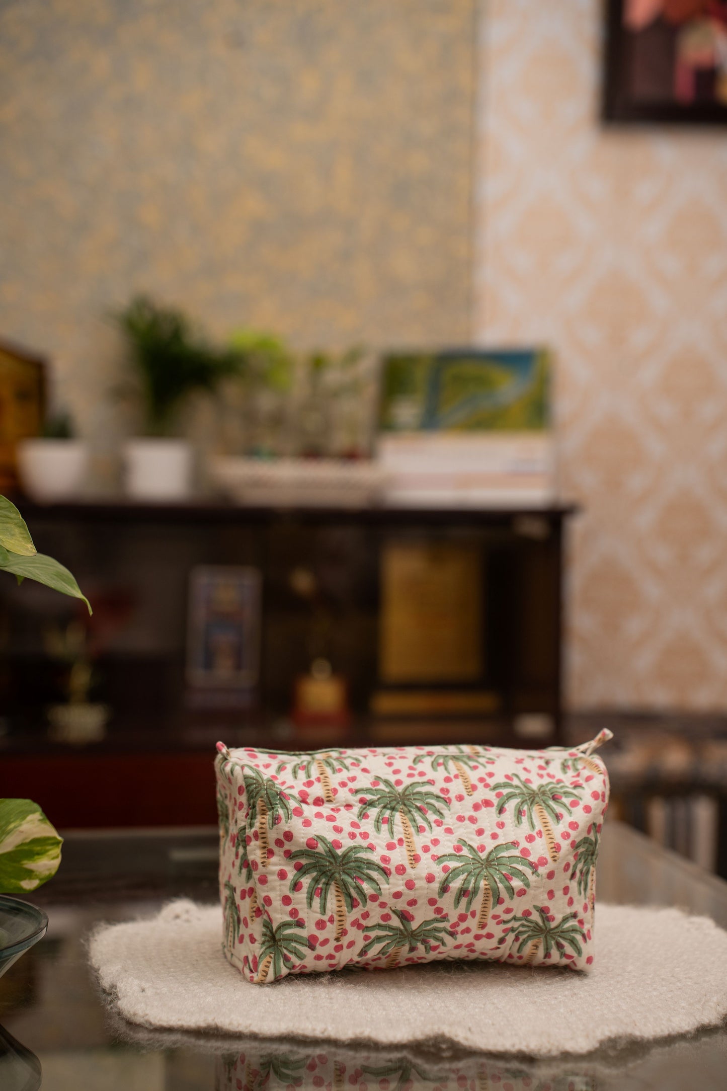 Awdhesh Kumar Palm Haven Crush Cotton Hand Block Printed Toiletry Bags for Women