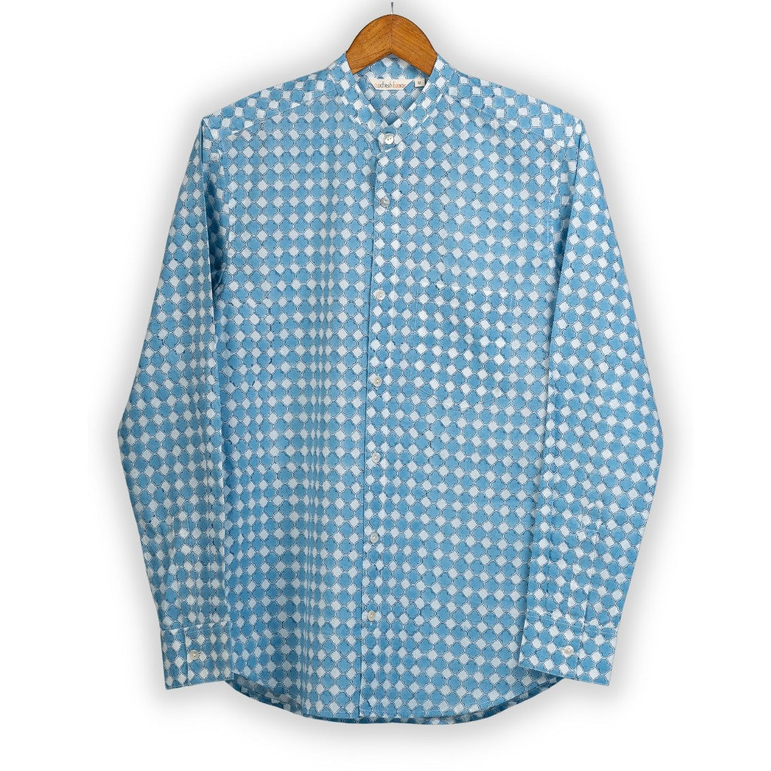 Full Sleeve Indian Hand Block Print Shirt Gud Jali Cornflower Blue Design Shirt 100% Cotton Fabric