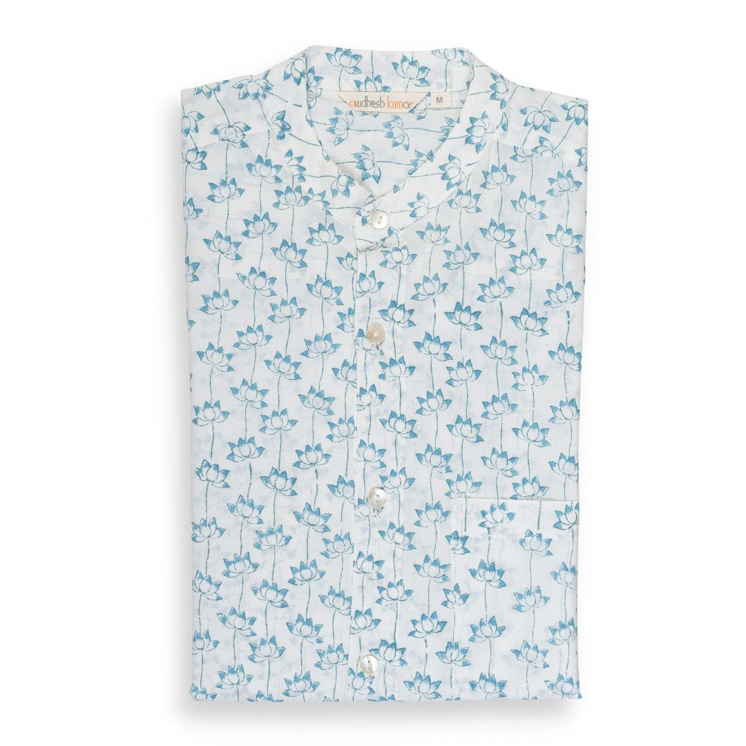 Full Sleeve Indian Hand Block Print Shirt Lotus Blue Design Shirt 100% Cotton Fabric