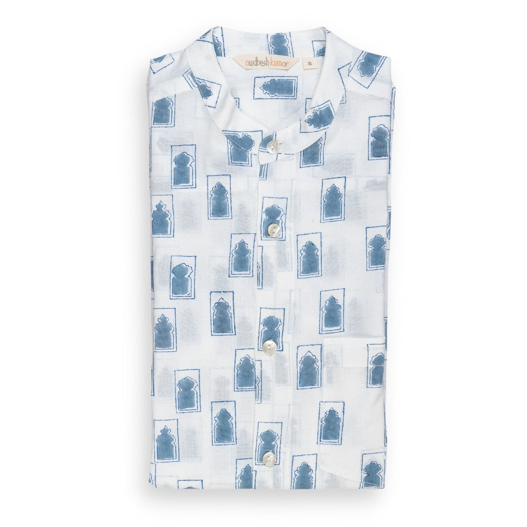 Full Sleeve Indian Hand Block Print Shirt Jaipur Jarokha Blue Design Shirt 100% Cotton Fabric