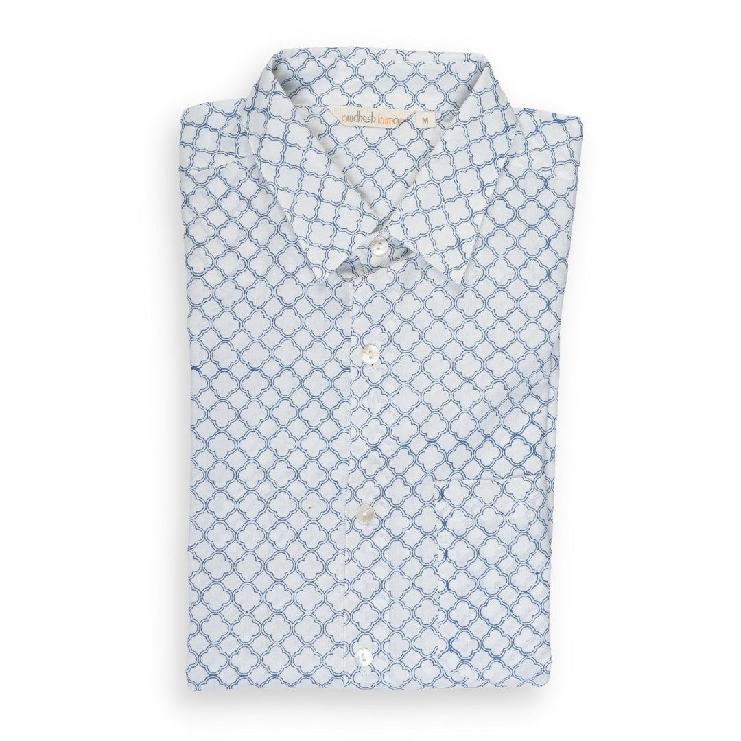 Full Sleeve Indian Hand Block Print Shirt Line Jali Blue Design Shirt 100% Cotton Fabric