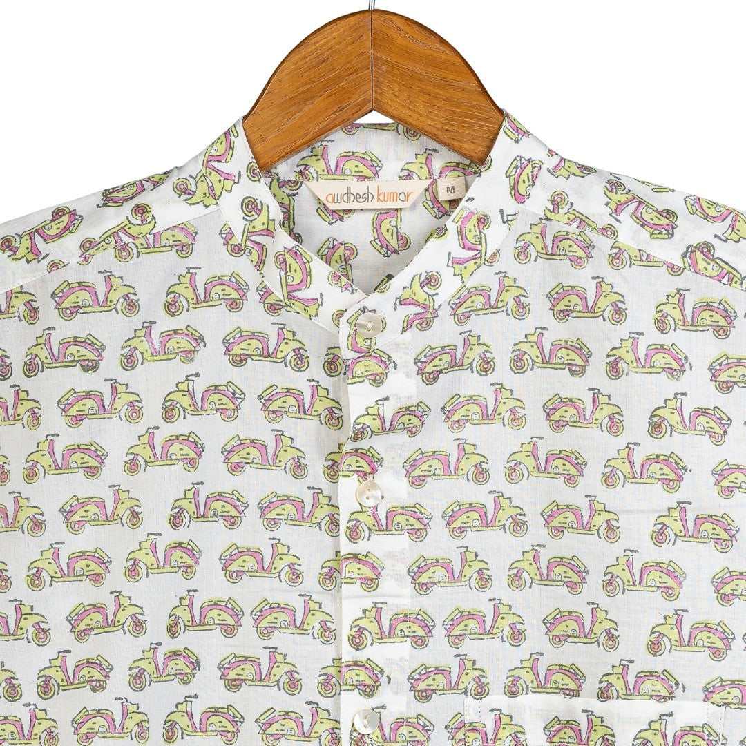 Full Sleeve Indian Hand Block Print Shirt Vespa Pink Green Design Shirt 100% Cotton Fabric