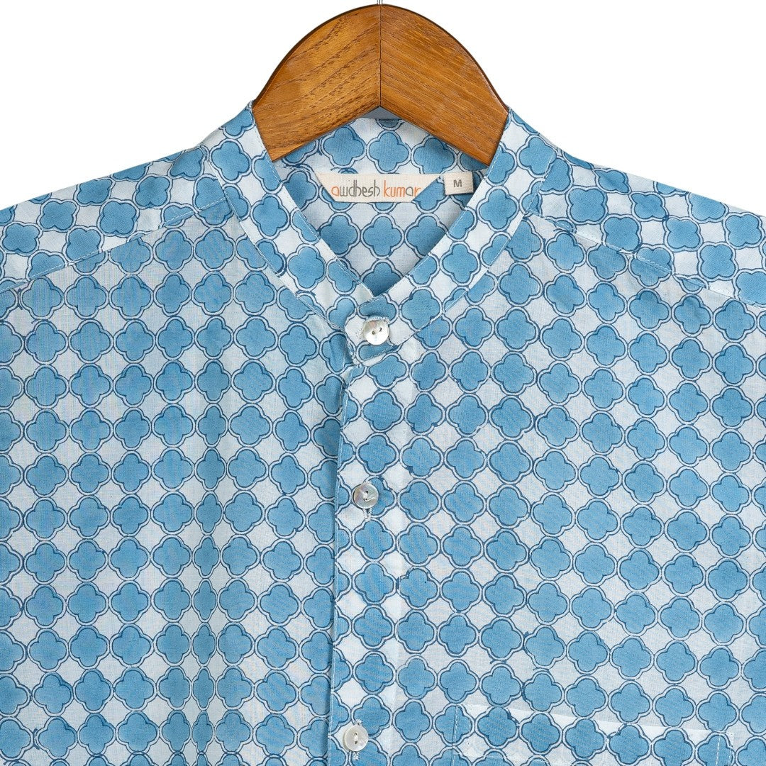 Full Sleeve Indian Hand Block Print Shirt Gud Jali Cornflower Blue Design Shirt 100% Cotton Fabric