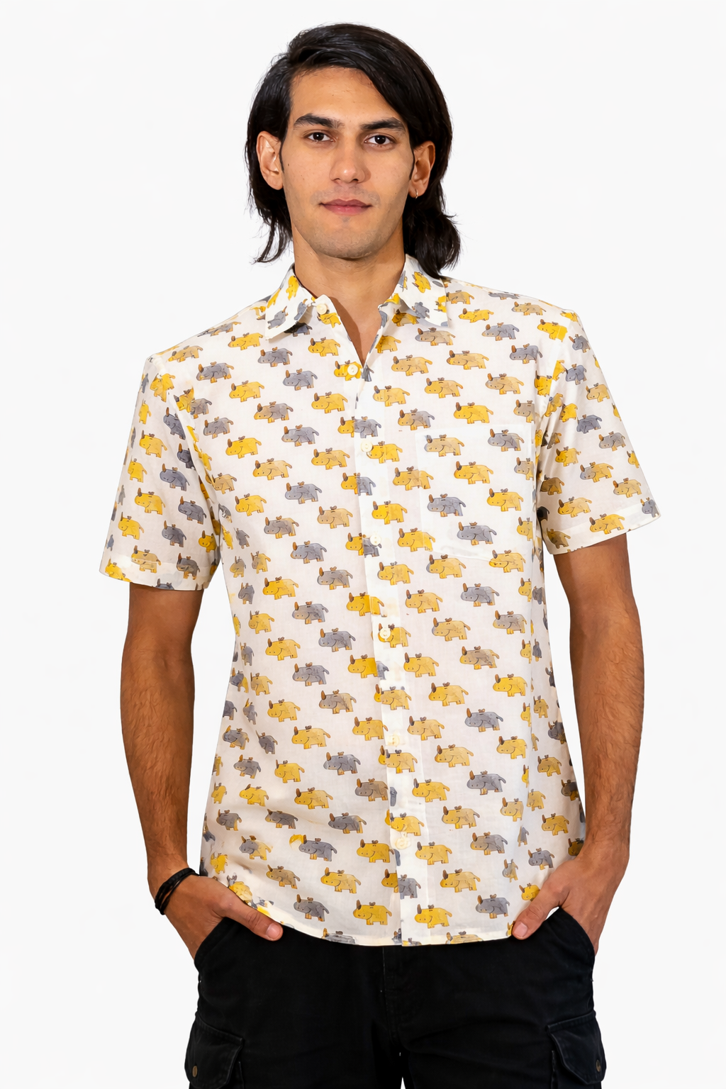 half sleeve Indian Hand Block Print Shirt  Trendy Elephant Print Casual Stylish Look Shirt 100% Cotton Fabric