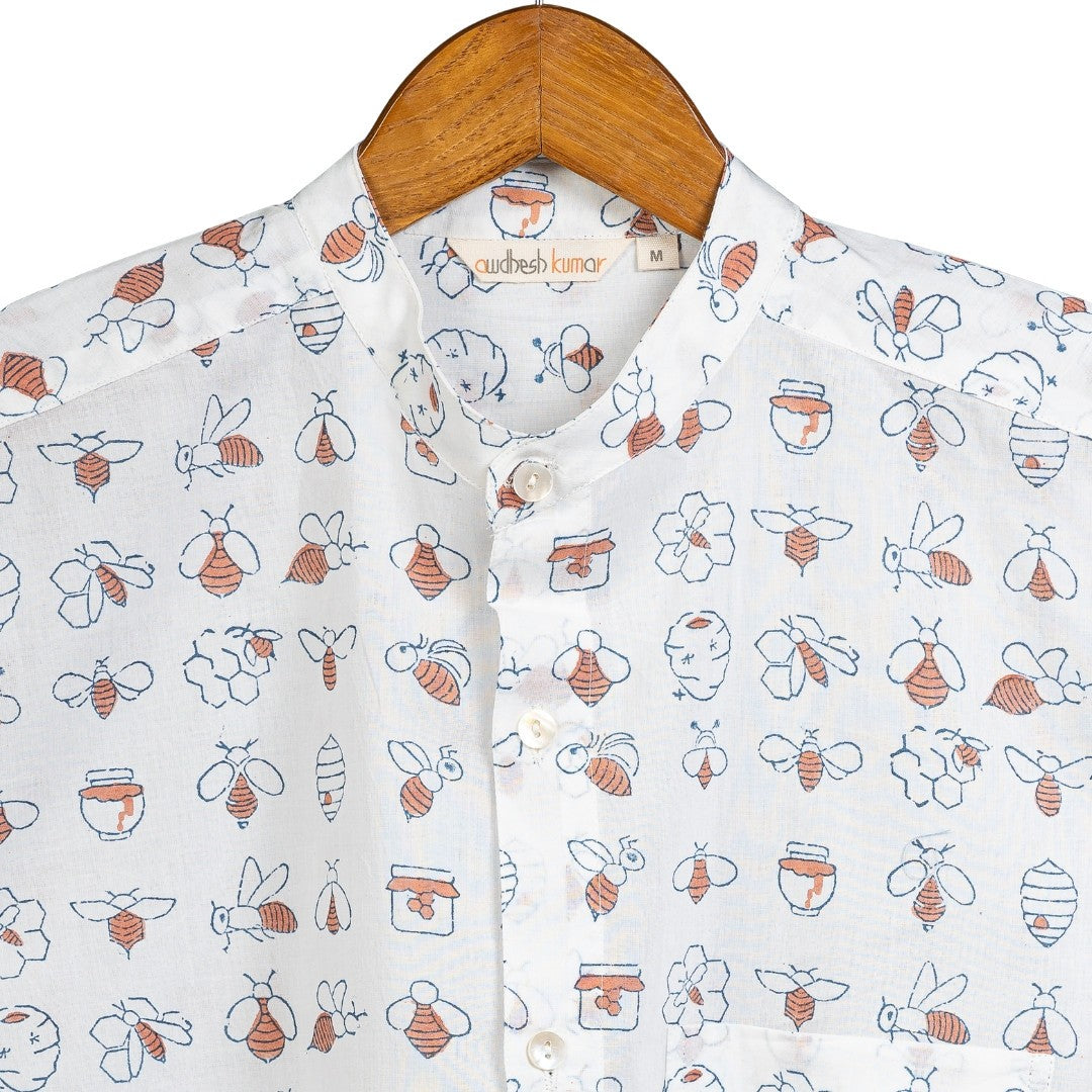 Full Sleeve Indian Hand Block Print Shirt Honey Bee Coral Design Shirt 100% Cotton Fabric