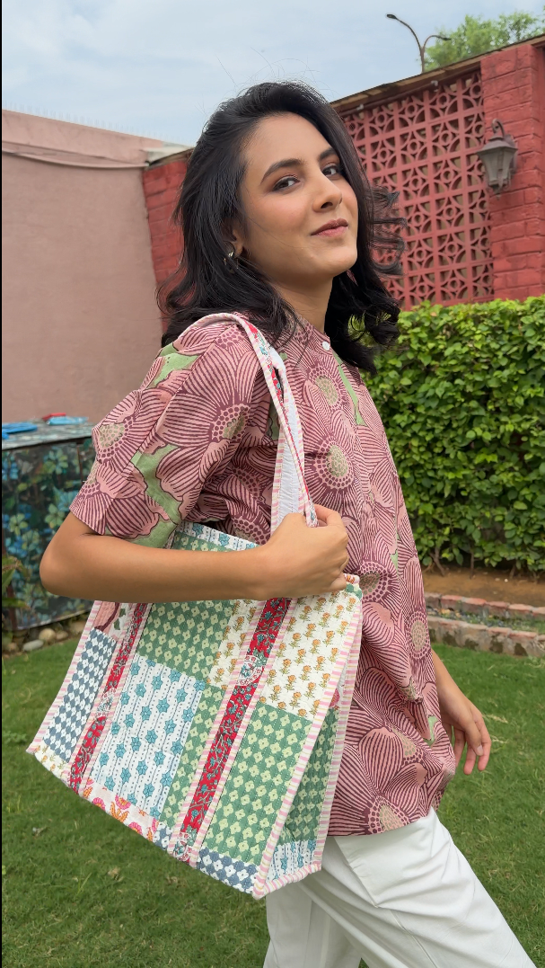 Awdhesh Kumar Mustard Floral Cotton Hand Block Printed Tote Bag for Women