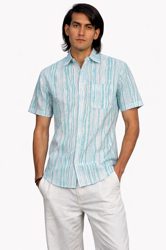 half sleeve Indian Hand Block Print Teal Stripe Print Casual Shirt – Smart & Contemporary Look Shirt 100% Cotton Fabric
