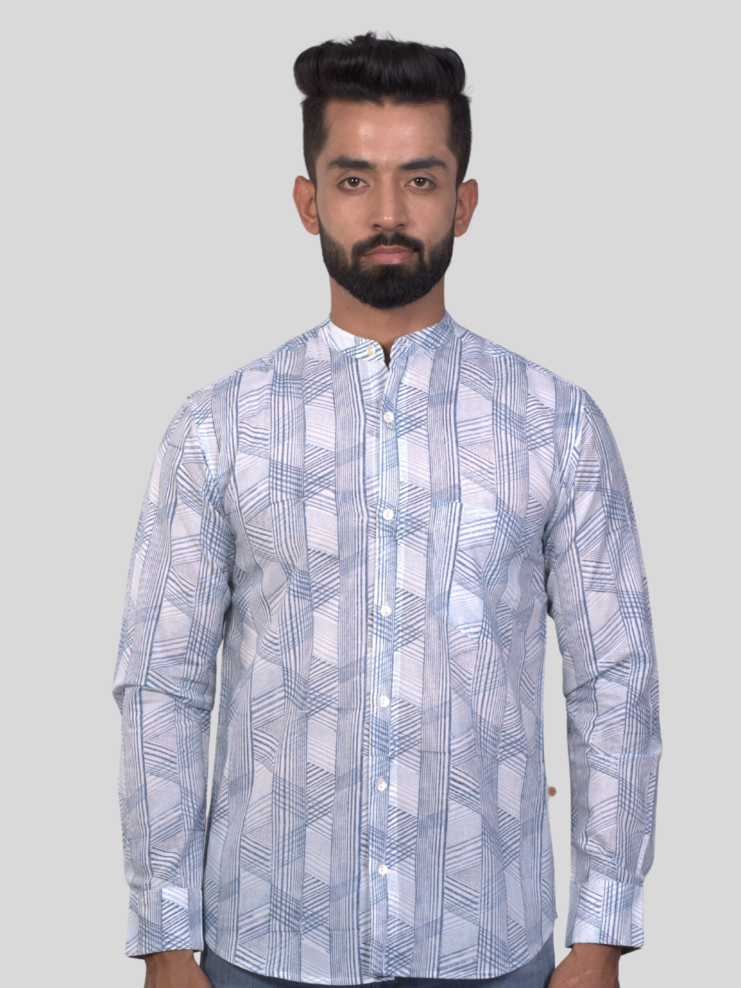 Full Sleeve Indian Hand Block Print Shirt Game of Line Blue Shirt 100% Cotton Fabric