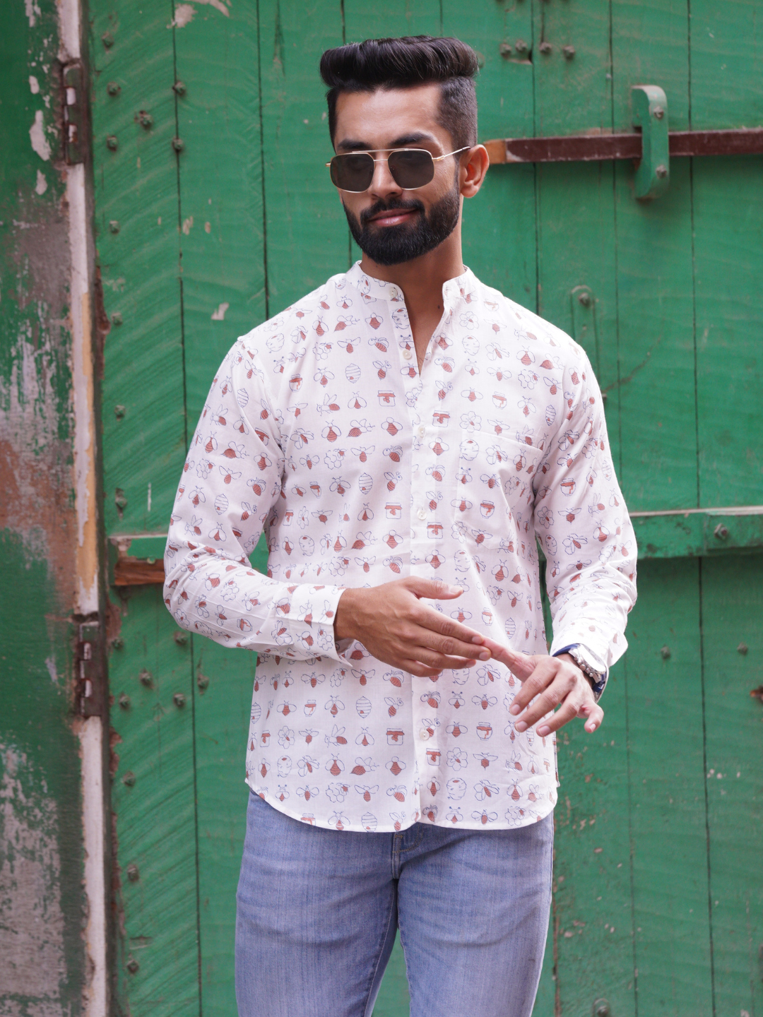 Full Sleeve Indian Hand Block Print Shirt Honey Bee Coral Design Shirt 100% Cotton Fabric