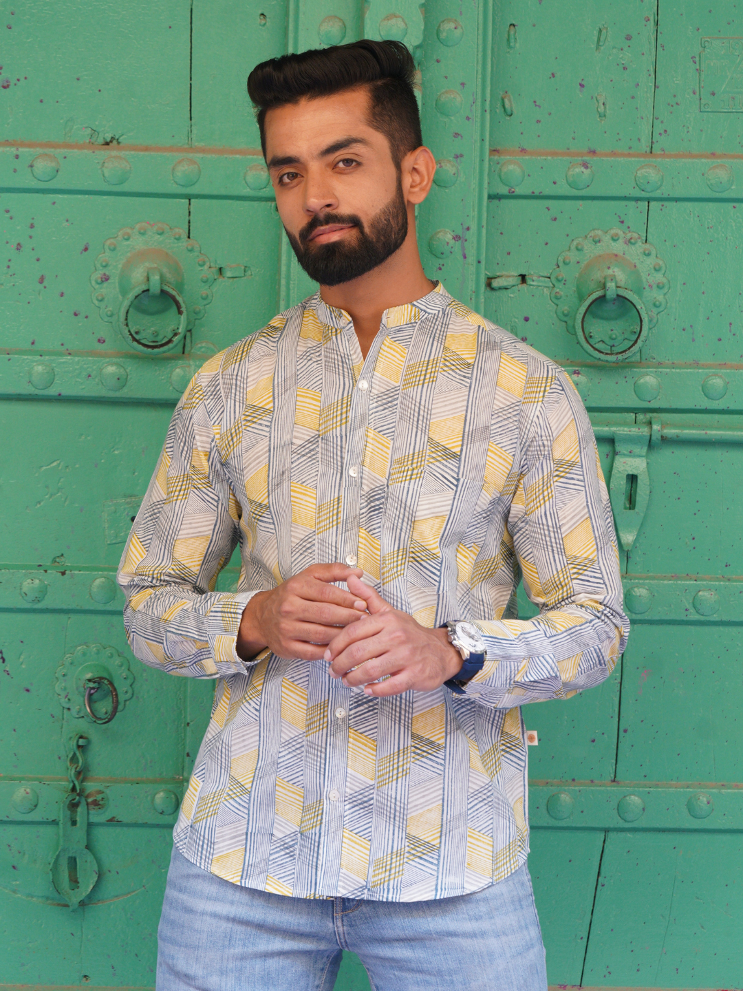 Full Sleeve Indian Hand Block Print Shirt Game of Line Retro Design Shirt 100% Cotton Fabric