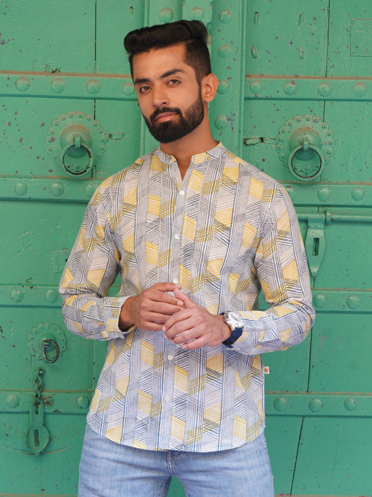 Full Sleeve Indian Hand Block Print Shirt Game of Line Retro Design Shirt 100% Cotton Fabric