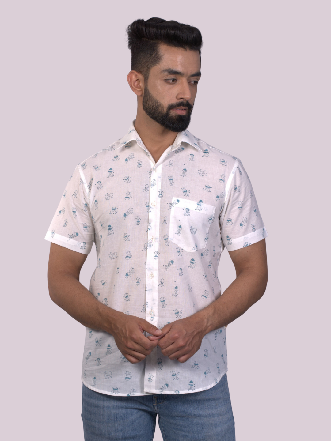 half sleeve Indian Hand Block Print Shirt Jelly Fish Design Shirt 100% Cotton Fabric