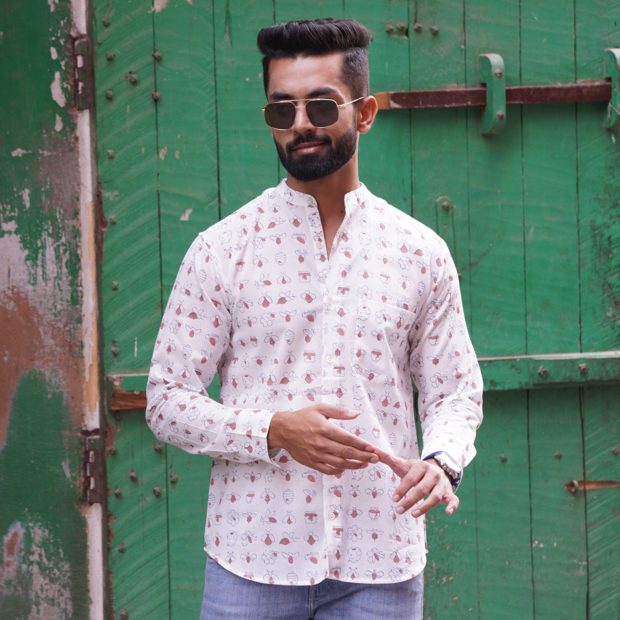 Full Sleeve Indian Hand Block Print Shirt Honey Bee Coral Design Shirt 100% Cotton Fabric