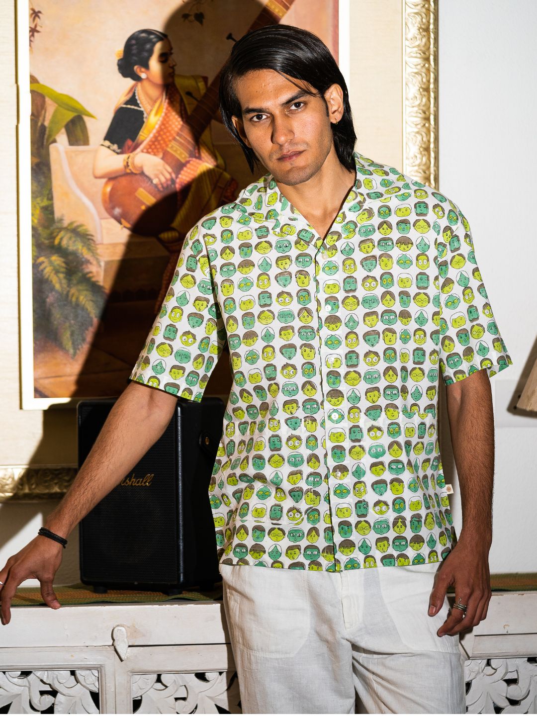 half sleeve Indian Hand Block Print  Green Cartoon Face Print Shirt – Trendy & Eye-Catching Style  100% Cotton Fabric