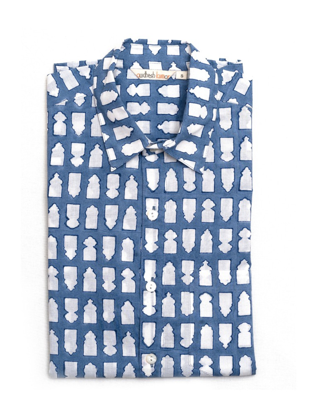 Short Sleeve Indian Indigo Bottle Block Print Shirt Jharokha Gud Design Shirt 100% Cotton Fabric