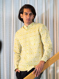 Full Sleeve Indian Hand Block Print Bright Yellow Geometric Print Mandarin Collar Shirt for Men  Shirt 100% Cotton Fabric