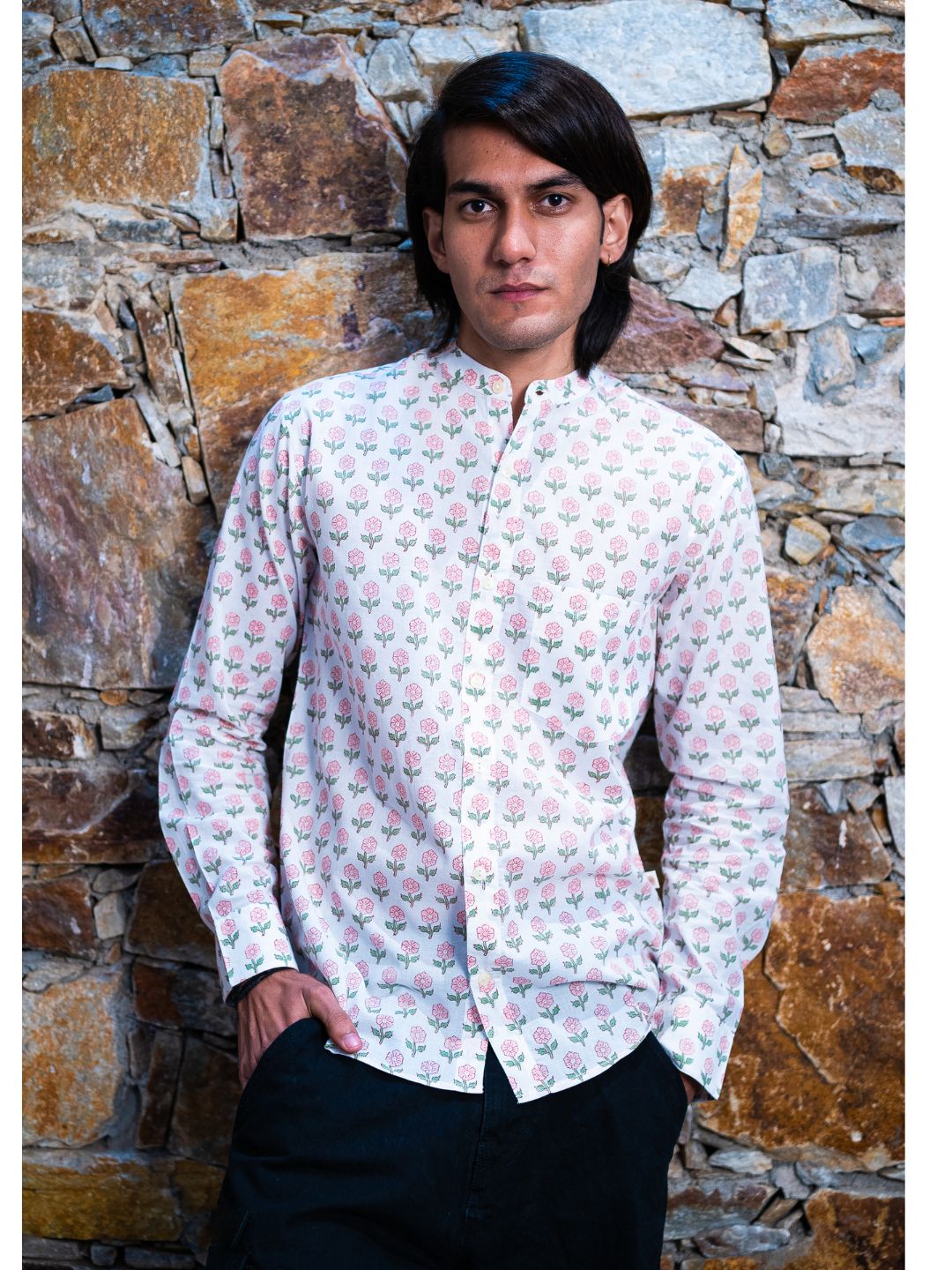 Full Sleeve Indian Hand Block Print Shirt Blush Bloom Print Mandarin Collar Shirt 100% Cotton Fabric